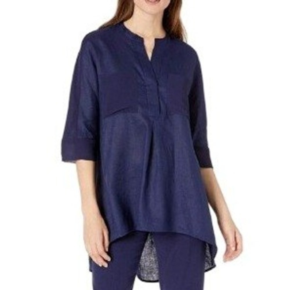Anne Klein Navy Blue Cotton Linen Sheer Inset Popover Top Lagenlook Size READ